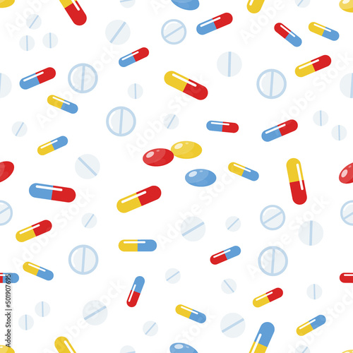 Medicine pattern. Seamless print with drugs. Treatment pills. Health care background. Vitamin capsules. Antibiotic or painkiller. Medicament dose. Prescription remedy. Vector texture