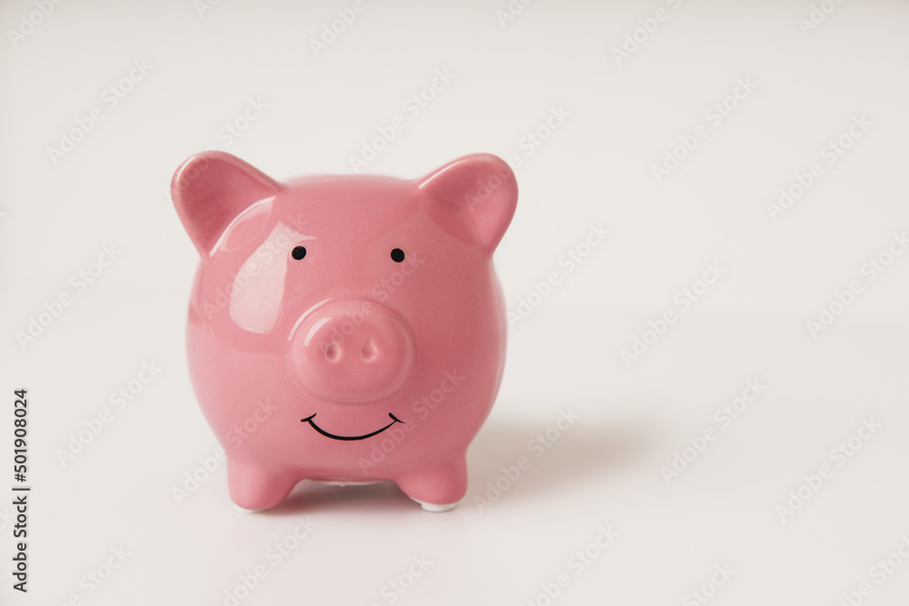 Piggy bank on a white background with copy space