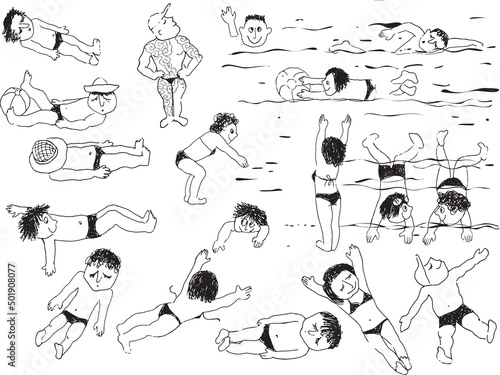 Having sunbathing coloring page for children. Doodle style, vector contour