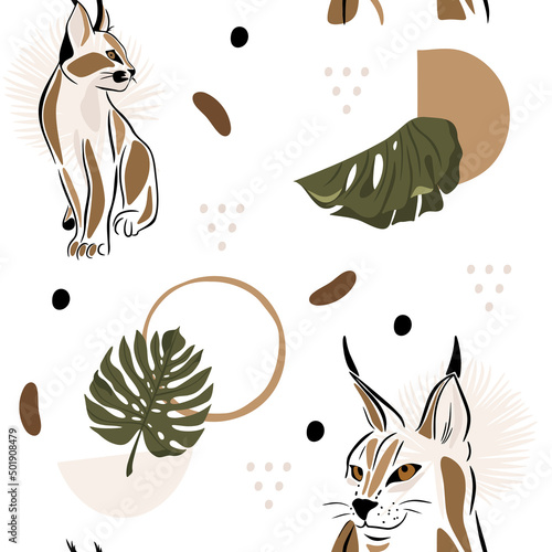 Seamless pattern abstract caracal and tropic leaves. Modern style. Vector, illustration.