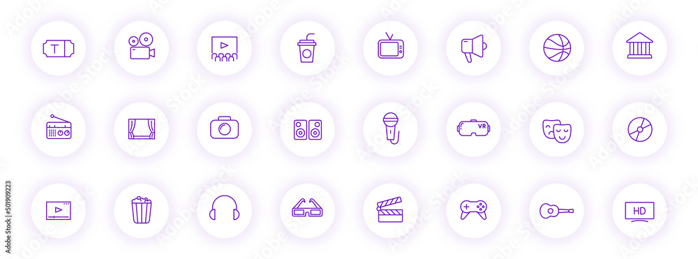 entertainment purple color outline icons on light round buttons with purple shadow. entertainment icon set for web, mobile apps, ui design and print entertainment purple color outline icons on light round buttons with purple shadow. entertainment icon set for web, mobile apps, ui design and print