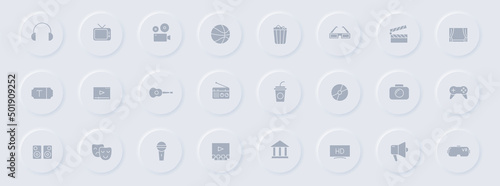 entertainment gray glyph icons on round rubber buttons. entertainment vector icons for web, mobile apps, ui design and promo business polygraphy