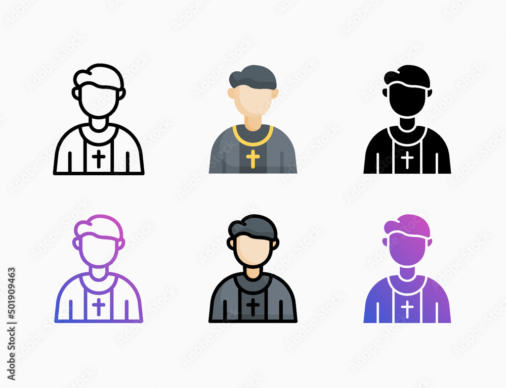 Priest icon set with different styles. Style line, outline, flat, glyph, color, gradient. Editable stroke and pixel perfect. Can be used for digital product, presentation, print design and more. Priest icon set with different styles. Style line, outline, flat, glyph, color, gradient. Editable stroke and pixel perfect. Can be used for digital product, presentation, print design and more.