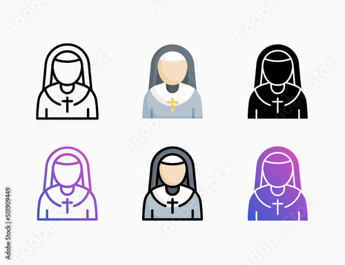 Nun icon set with different styles. Style line, outline, flat, glyph, color, gradient. Editable stroke and pixel perfect. Can be used for digital product, presentation, print design and more.