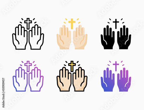 Pray icon set with different styles. Style line, outline, flat, glyph, color, gradient. Editable stroke and pixel perfect. Can be used for digital product, presentation, print design and more.