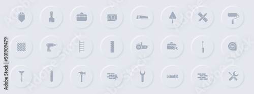 home repair gray glyph icons on round rubber buttons. home repair vector icons for web, mobile apps, ui design and promo business polygraphy