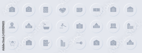 real estate gray glyph icons on round rubber buttons. real estate vector icons for web, mobile apps, ui design and promo business polygraphy