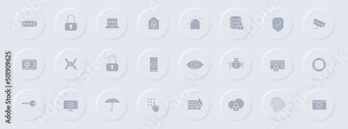 security gray glyph icons on round rubber buttons. security vector icons for web, mobile apps, ui design and promo business polygraphy