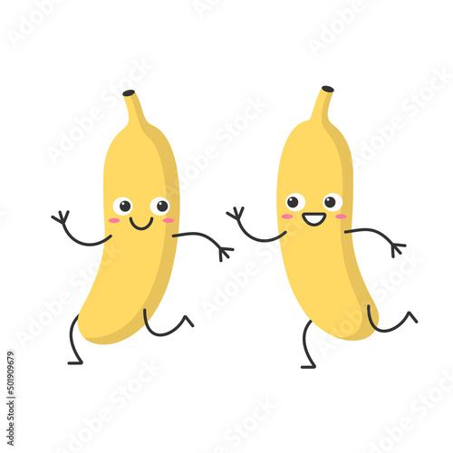 Two bananas run cute character cartoon smiling face happy joy emotions vector illustration.