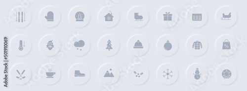 winter gray glyph icons on round rubber buttons. winter vector icons for web, mobile apps, ui design and promo business polygraphy