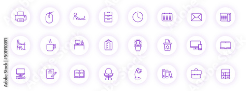 workspace purple color outline icons on light round buttons with purple shadow. workspace icon set for web, mobile apps, ui design and print
