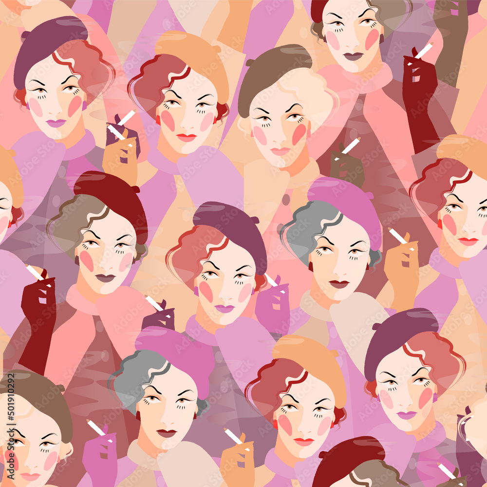 Seamless pattern with the image of girls in retro style. Textile and wallpaper design.
