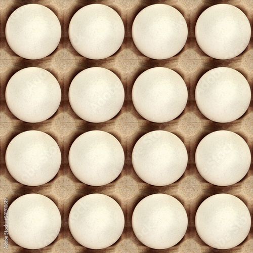 Seamless pattern with organic eggs in a cardboard tray.