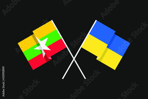 Flags of European and Asian countries of Ukraine and Republic of the Union of Myanmar (Burma) in national colors. Help and support from friendly countries. Flat minimal graphic design.