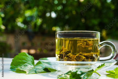 Fotografie Glass cup of mulberry leaf tea on white table background.