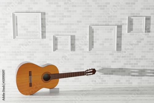spanish six-string wooden classical acoustic guitar indoors light background with frames
