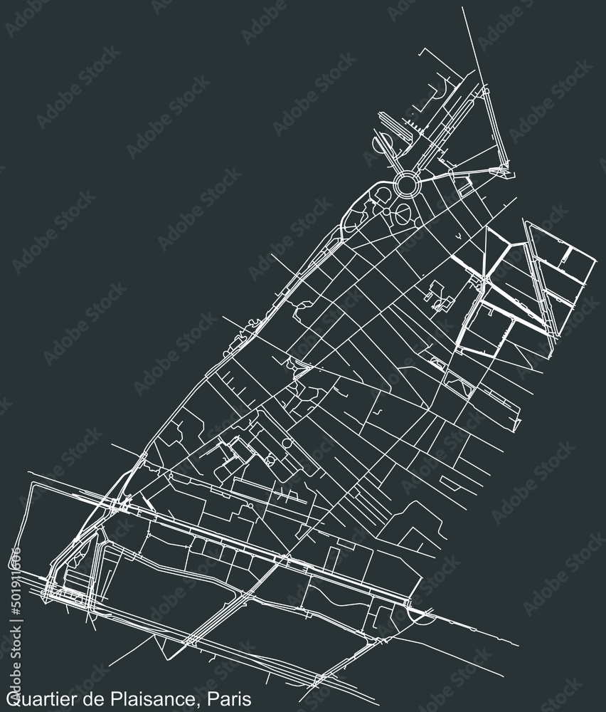 Detailed negative navigation white lines urban street roads map of the PLAISANCE QUARTER of the French capital city of Paris, France on dark gray background