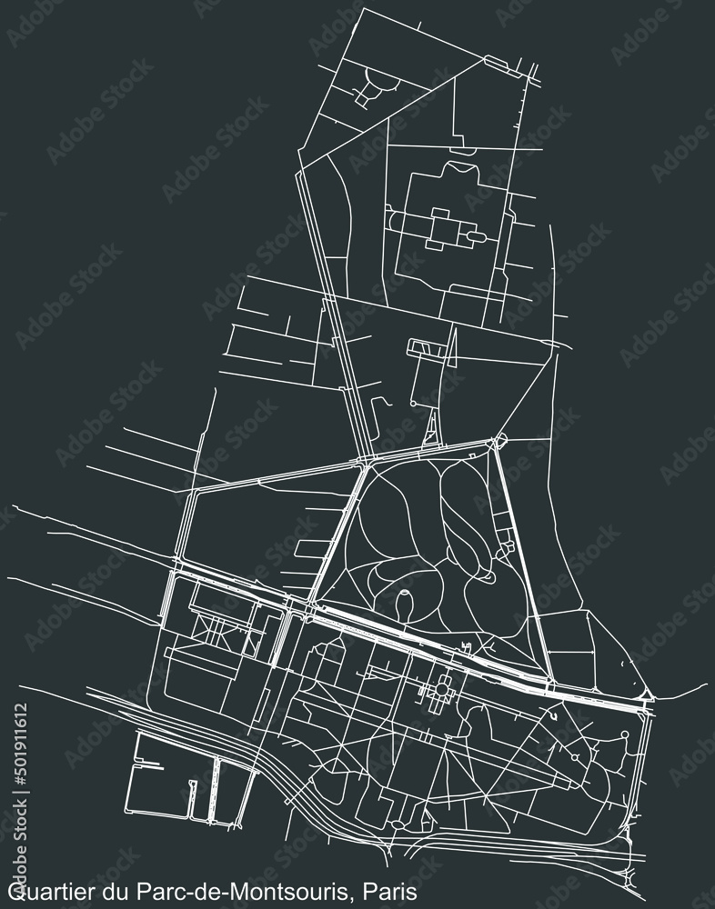 Detailed negative navigation white lines urban street roads map of the PARC MONTSOURIS QUARTER of the French capital city of Paris, France on dark gray background