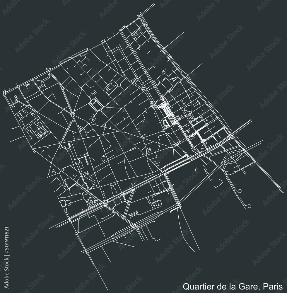 Detailed negative navigation white lines urban street roads map of the LA GARE QUARTER of the French capital city of Paris, France on dark gray background