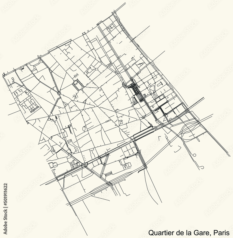 Detailed navigation black lines urban street roads map of the LA GARE QUARTER of the French capital city of Paris, France on vintage beige background