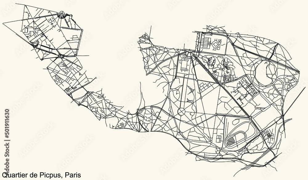Detailed navigation black lines urban street roads map of the PICPUS QUARTER of the French capital city of Paris, France on vintage beige background