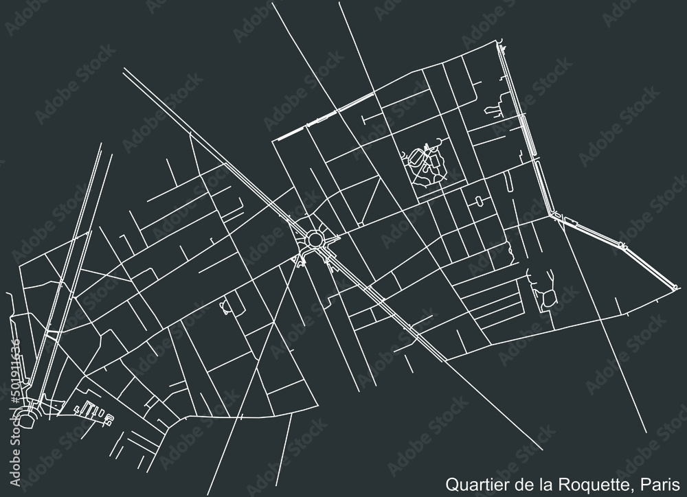 Detailed negative navigation white lines urban street roads map of the LA ROQUETTE QUARTER of the French capital city of Paris, France on dark gray background