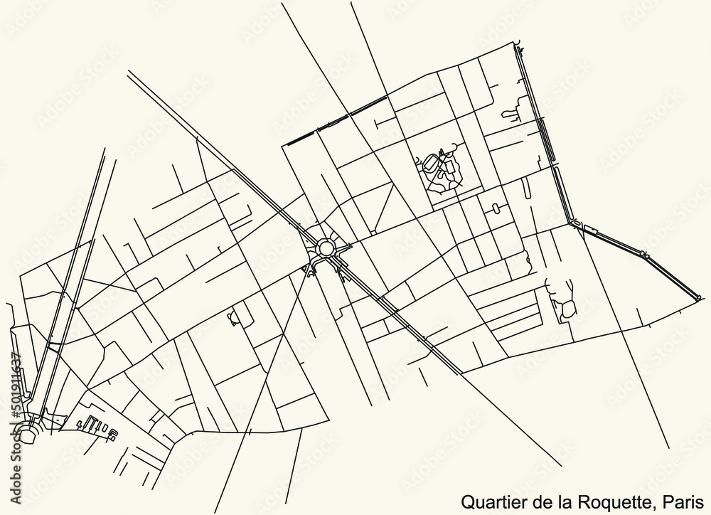 Detailed navigation black lines urban street roads map of the LA ROQUETTE QUARTER of the French capital city of Paris, France on vintage beige background