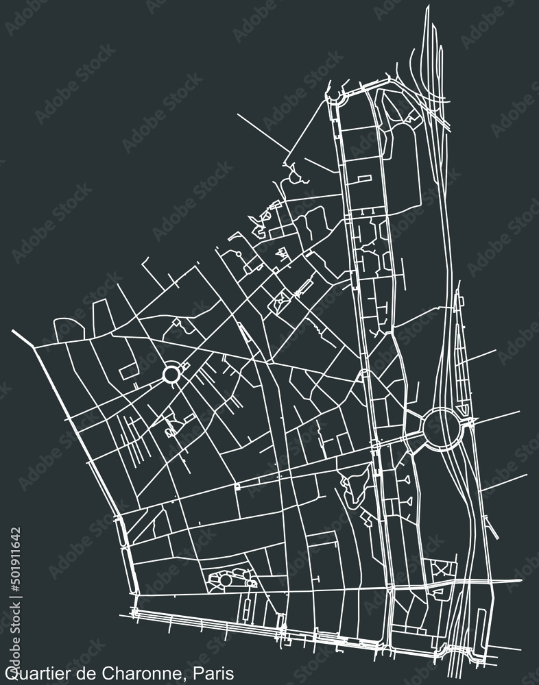 Detailed negative navigation white lines urban street roads map of the CHARONNE QUARTER of the French capital city of Paris, France on dark gray background