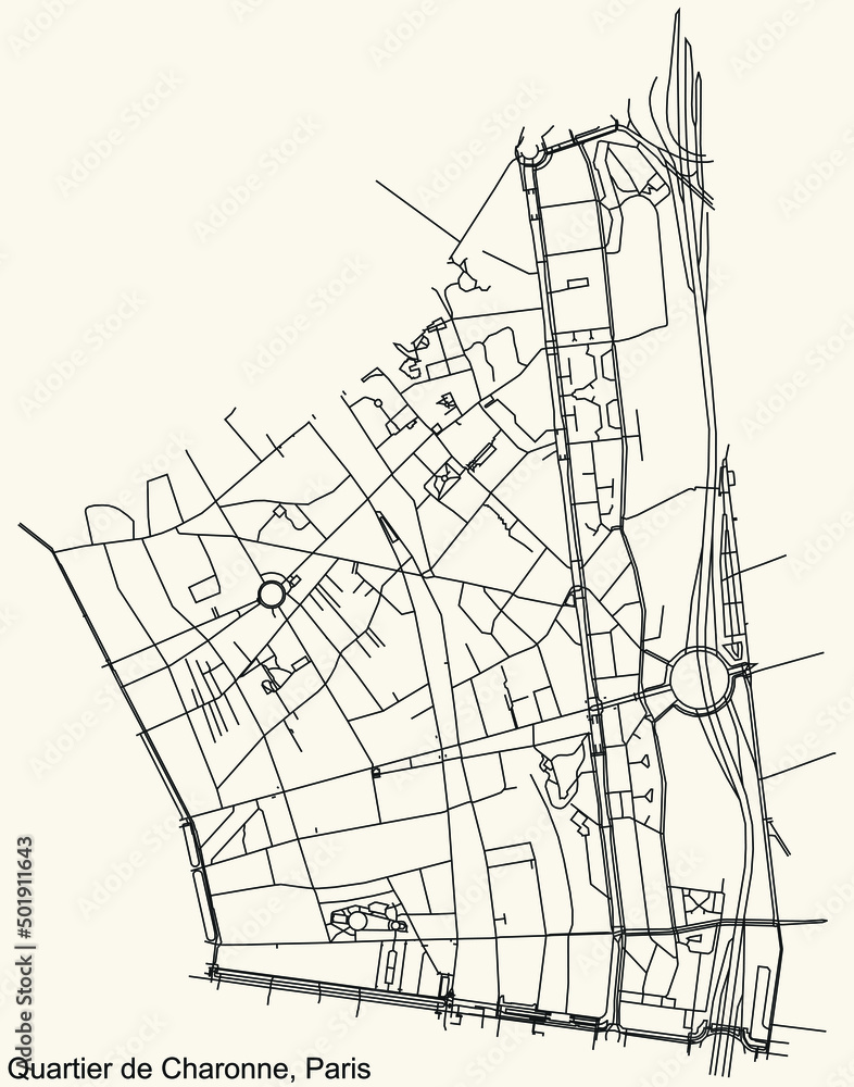 Detailed navigation black lines urban street roads map of the CHARONNE QUARTER of the French capital city of Paris, France on vintage beige background