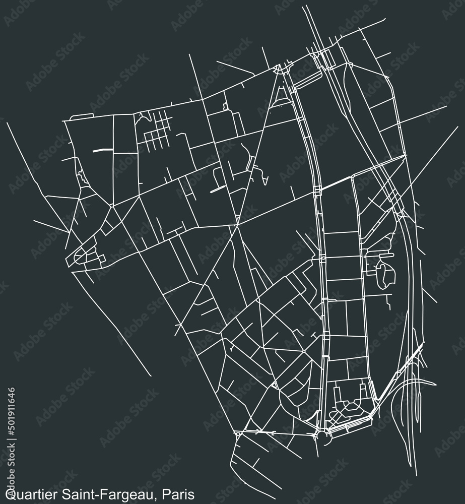 Detailed negative navigation white lines urban street roads map of the SAINT-FARGEAU QUARTER of the French capital city of Paris, France on dark gray background
