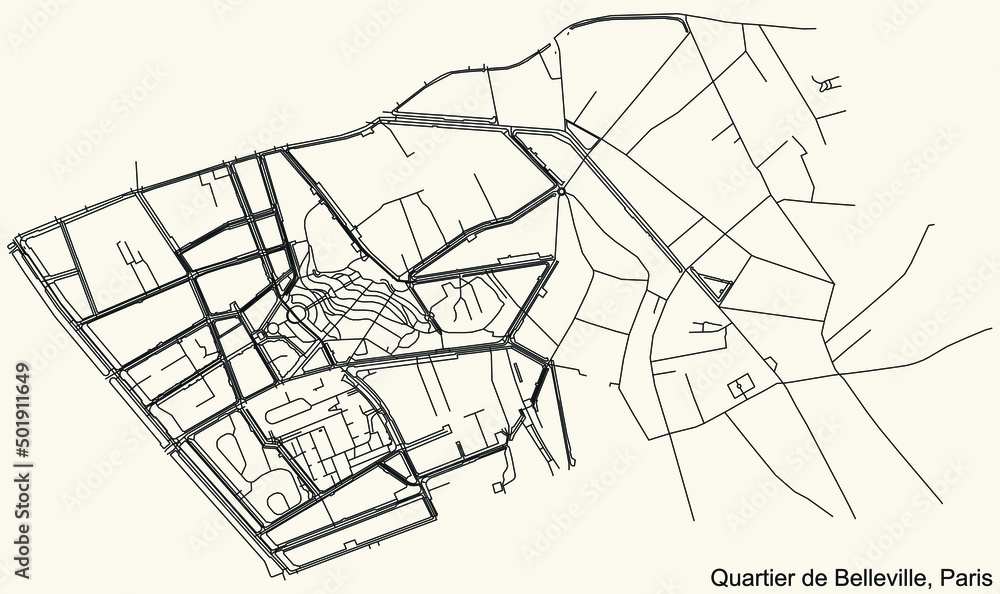 Detailed navigation black lines urban street roads map of the BELLEVILLE QUARTER of the French capital city of Paris, France on vintage beige background