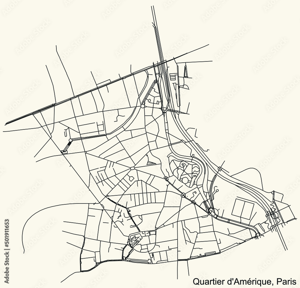 Detailed navigation black lines urban street roads map of the AMÉRIQUE QUARTER of the French capital city of Paris, France on vintage beige background