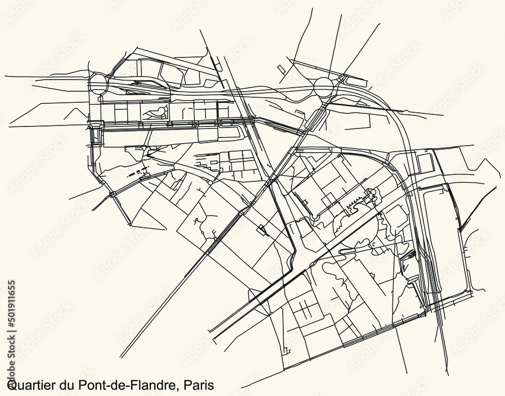 Detailed navigation black lines urban street roads map of the PONT-DE-FLANDRE QUARTER of the French capital city of Paris, France on vintage beige background