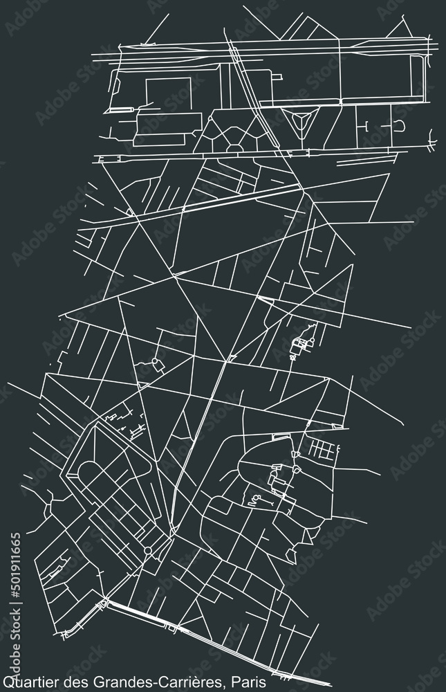 Detailed negative navigation white lines urban street roads map of the GRANDES-CARRIÈRES QUARTER of the French capital city of Paris, France on dark gray background Detailed negative navigation white lines urban street roads map of the GRANDES-CARRIÈRES QUARTER of the French capital city of Paris, France on dark gray background
