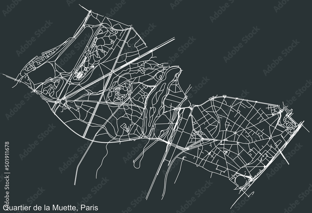 Obraz premium Detailed negative navigation white lines urban street roads map of the LA MUETTE QUARTER of the French capital city of Paris, France on dark gray background