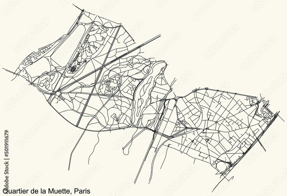 Detailed navigation black lines urban street roads map of the LA MUETTE QUARTER of the French capital city of Paris, France on vintage beige background