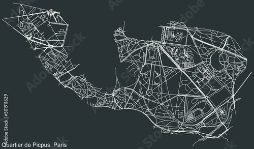Detailed negative navigation white lines urban street roads map of the PICPUS QUARTER of the French capital city of Paris, France on dark gray background