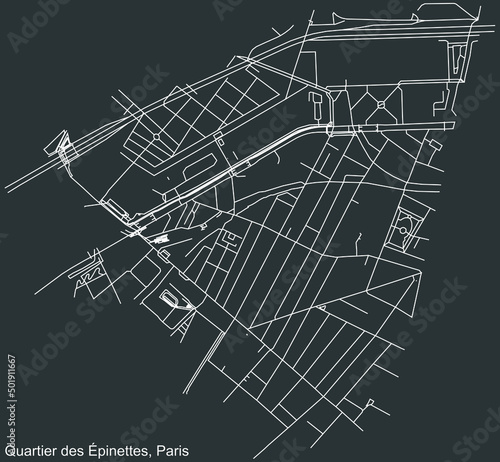 Obraz na plátně Detailed negative navigation white lines urban street roads map of the ÉPINETTES