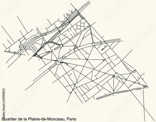 Detailed navigation black lines urban street roads map of the PLAINE MONCEAU QUARTER of the French capital city of Paris, France on vintage beige background