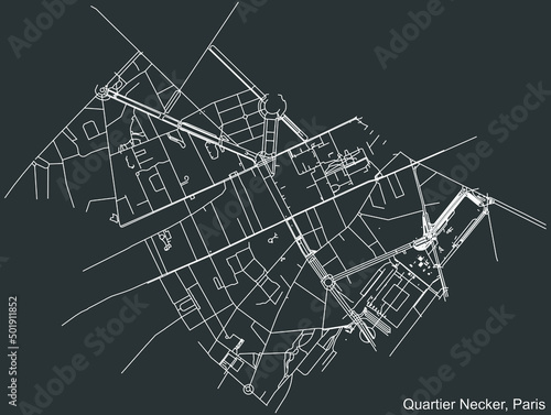 Detailed negative navigation white lines urban street roads map of the NECKER QUARTER of the French capital city of Paris, France on dark gray background