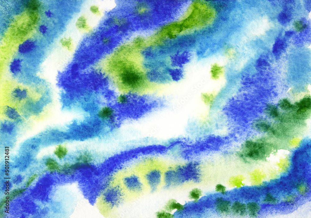 Abstract background of stains and splashes in blue-green tones, watercolor illustration, print for fabric and other designs.