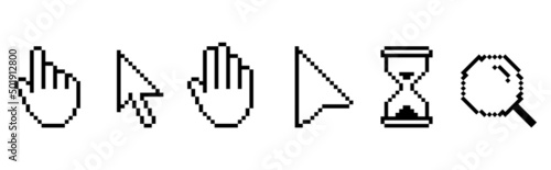 Pixel cursors icons - mouse cursor, hand pointer, hourglass. Vector illustration.