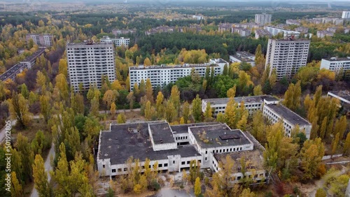 Shooting from the drone of the once former educational institution in Pripyat.