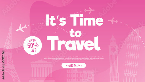 It’s Time to Travel.Travel banner with sky.Modern flat design. EPS 10. Colorful.