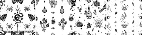 Halloween black and white vector seamless patterns set