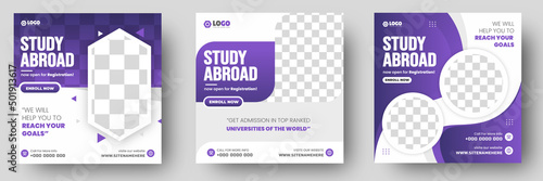 Study abroad social media post banner design. higher education social media post banner design set. school admission promotion banner. school admission template for social media ad.