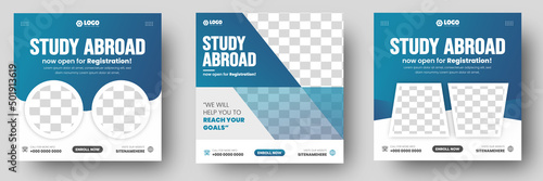 Study abroad social media post banner design. higher education social media post banner design set. school admission promotion banner. school admission template for social media ad.