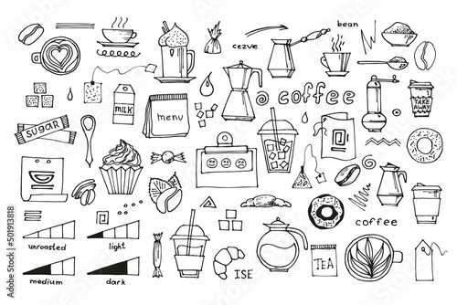 Large set of hand drawn coffee doodles: drinks, desserts, beans and other related objects. Vector sketch illustration.