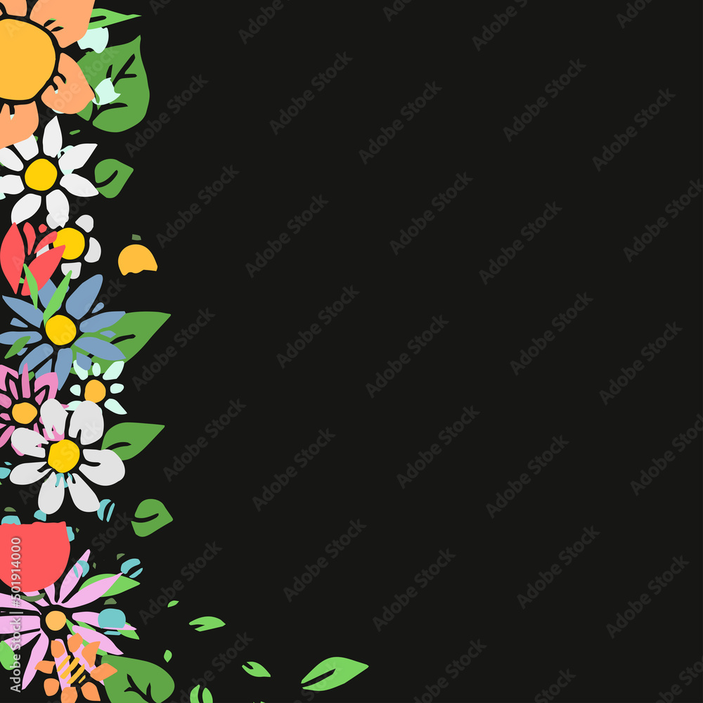Fototapeta premium Colored vector flowers icons with place for text. Doodle vector frame with flowers icons