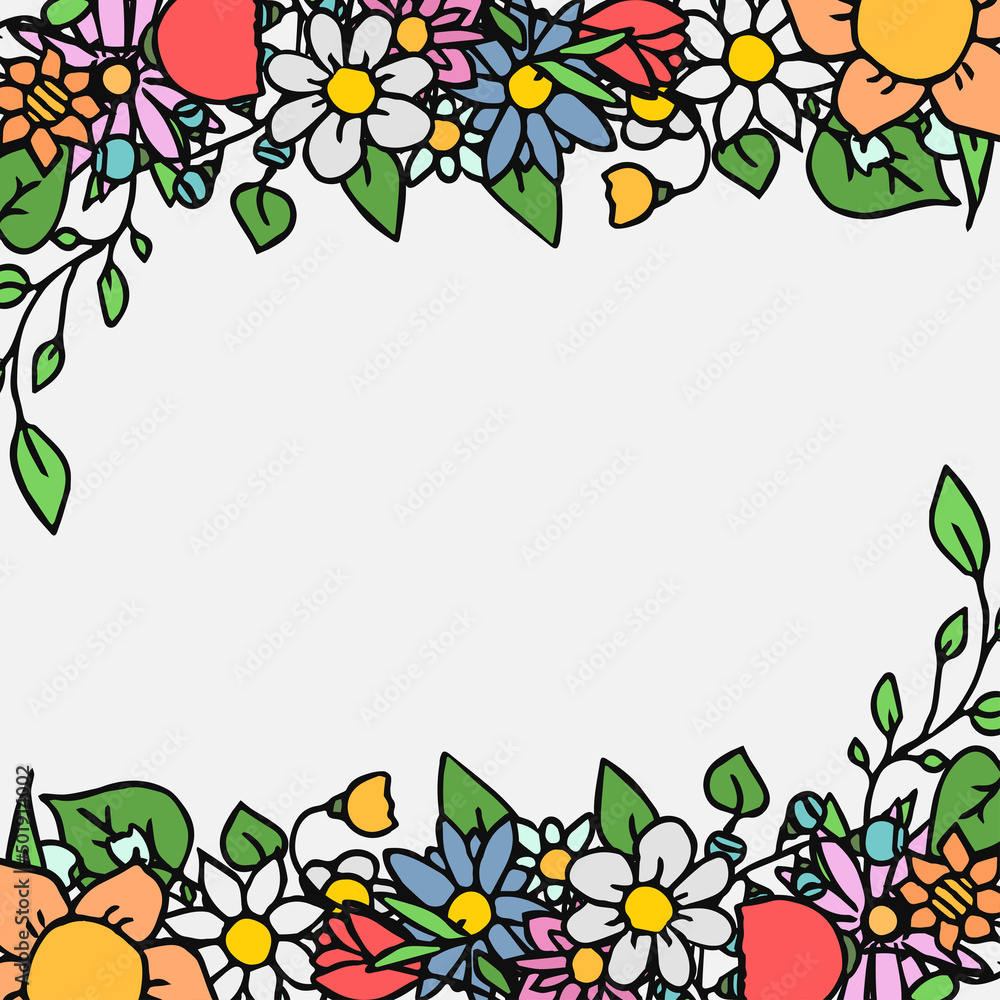 Fototapeta premium Colored vector flowers icons with place for text. Doodle vector frame with flowers icons